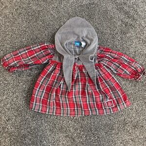Vintage Sprockets Baby Girl Plaid Sleeved Dress Built In Bonnet Size 2T Red
